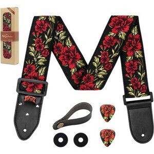 Adjustable guitar strap with picks strap locks button leather ends cotton